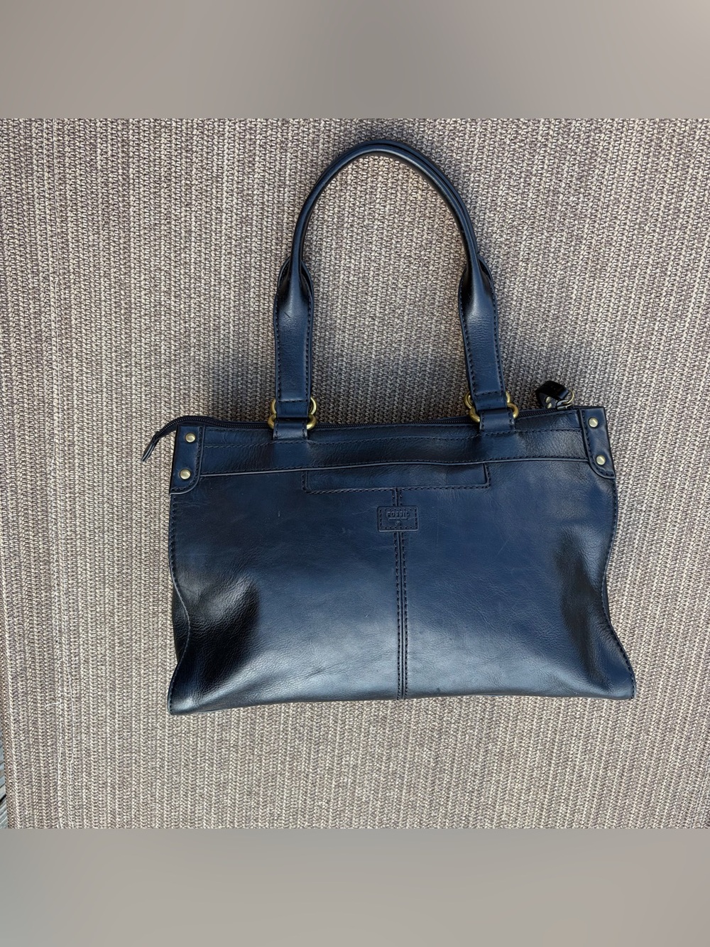 Fossil Emery Black Leather Satchel Top Handle Bag Brass Accent